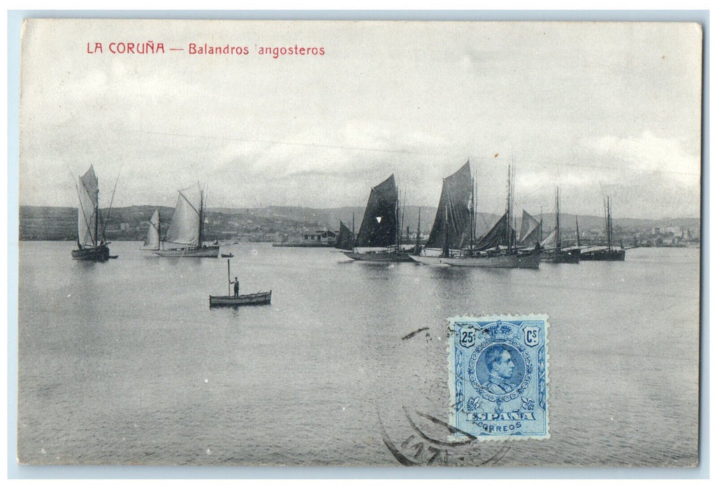 1923 Sailboat Scene Narrow Sloops La Coruna Spain Antique Posted Postcard