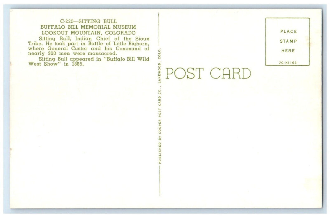 Sitting Bull Indian Chief Of Sioux Tribe Buffalo Bill Memorial Museum Postcard