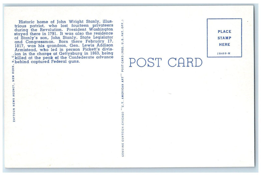 New Bern Public Library John Wright Stanly Home New Bern NC Vintage Postcard