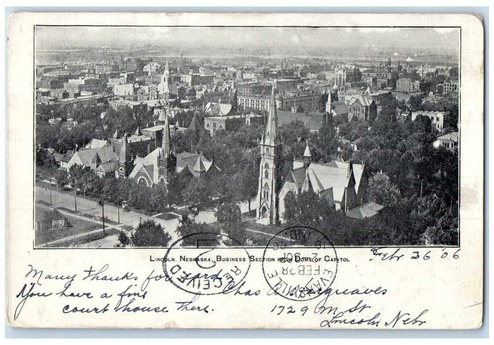 1906 Bird's Eye View Business Section Dome Capitol Lincoln Nebraska NE Postcard