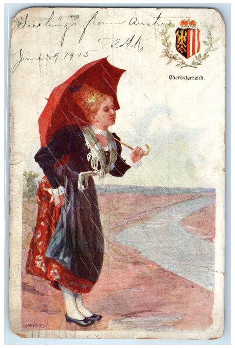 1905 Lady with Red Umbrella Upper Austria Greetings from Austria Postcard