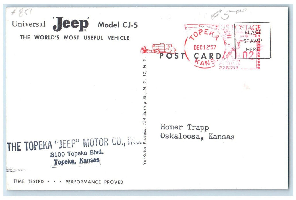 1957 Universal Jeep Model CJ-5 Topeka Jeep Motor Co. Topeka Kansas KS Postcard
