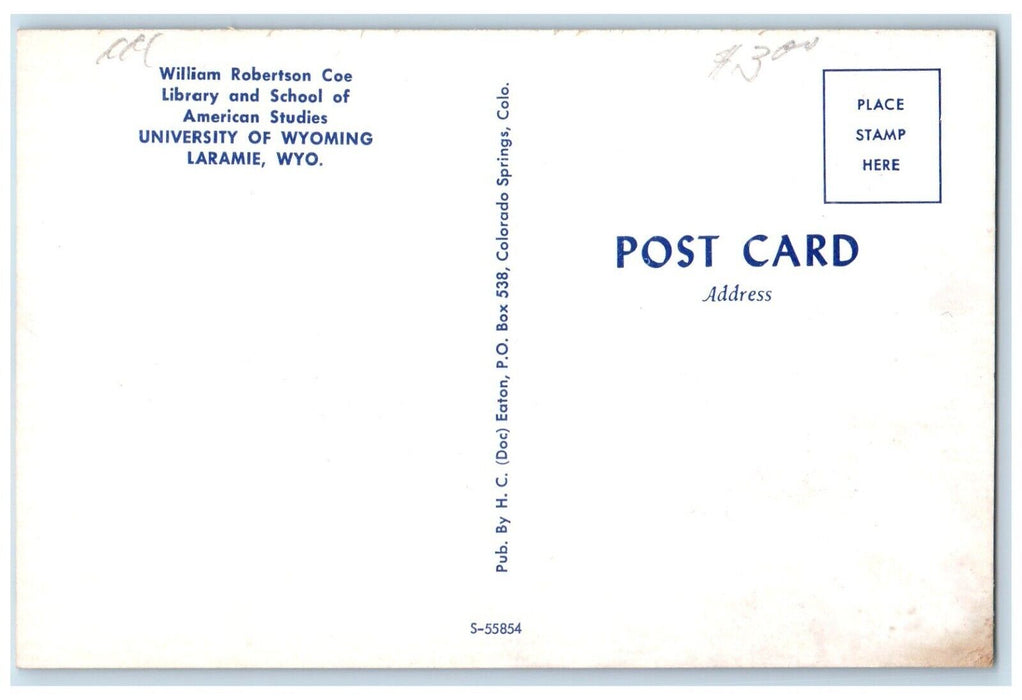 c1960 William Robertson Coe Library University School Laramie Wyoming Postcard