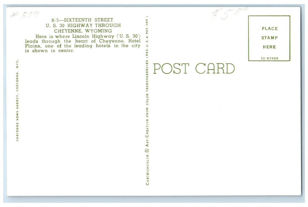 c1960 Sixteenth Street Highway Through Exterior Street Cheyenne Wyoming Postcard