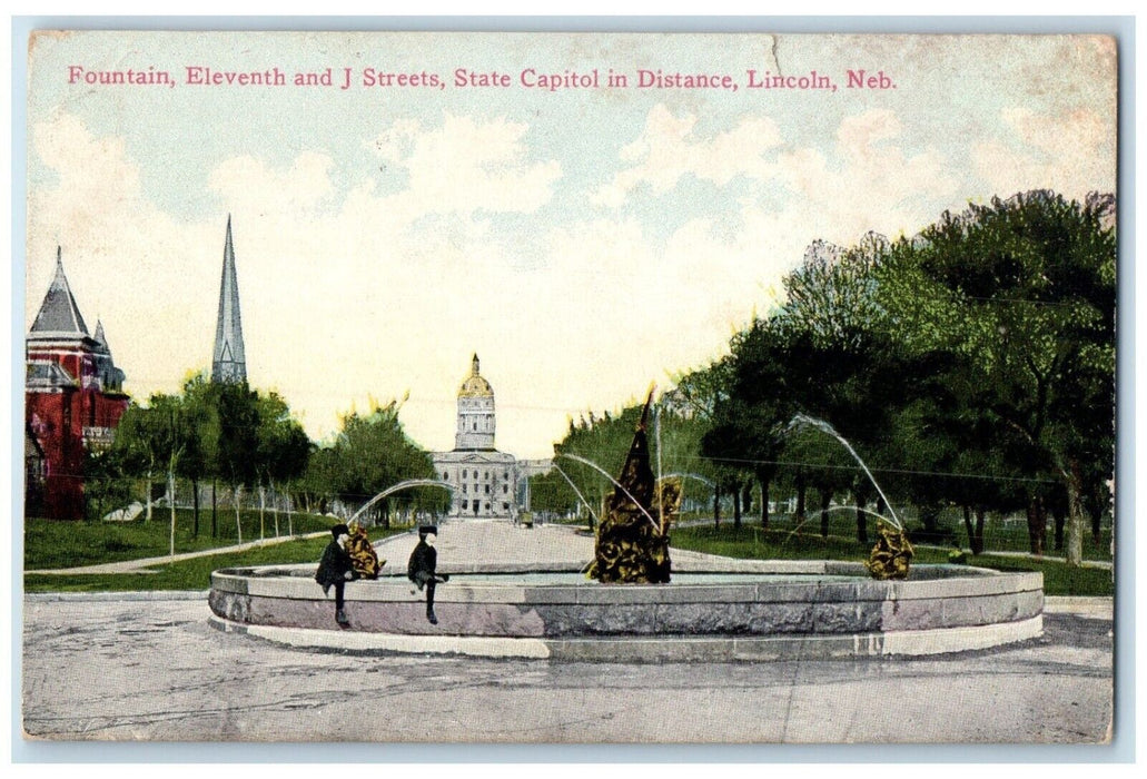 1913 Fountain Eleventh J Streets State Capitol Lincoln Nebraska Vintage Postcard