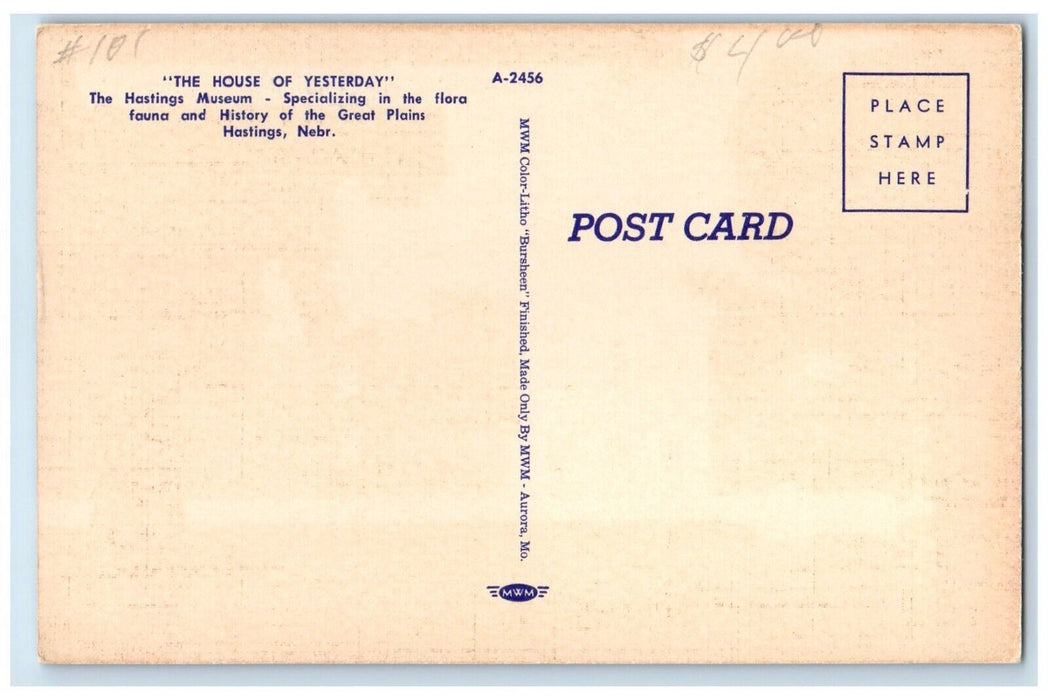 1940 Hastings Museum House Yesterday Hastings Nebraska Vintage Unposted Postcard