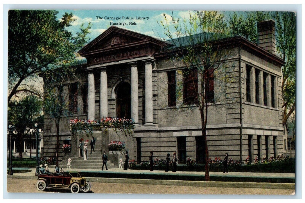 c1910 Carnegie Public Library Building Classic Car Hastings Nebraska NE Postcard