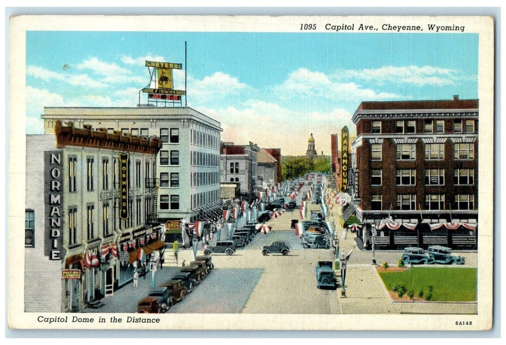 c1940 Dome Distance Capitol Ave Classic Cars Exterior Cheyenne Wyoming Postcard