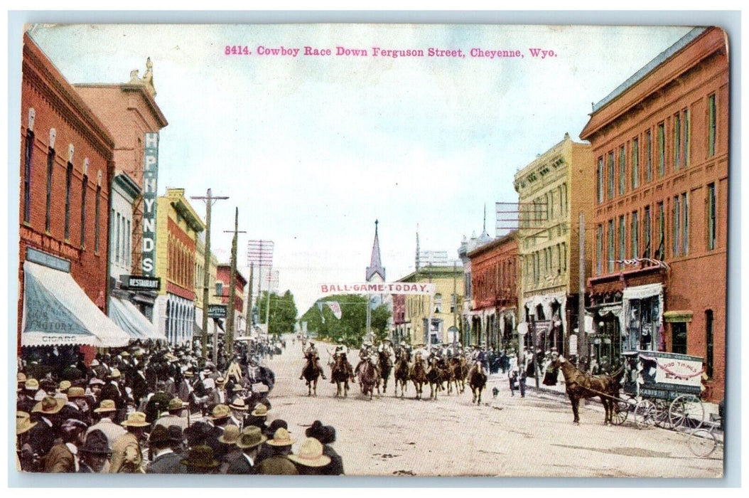 1910 Cowboy Race Down Ferguson Street Ball Game Parade Cheyenne Wyoming Postcard