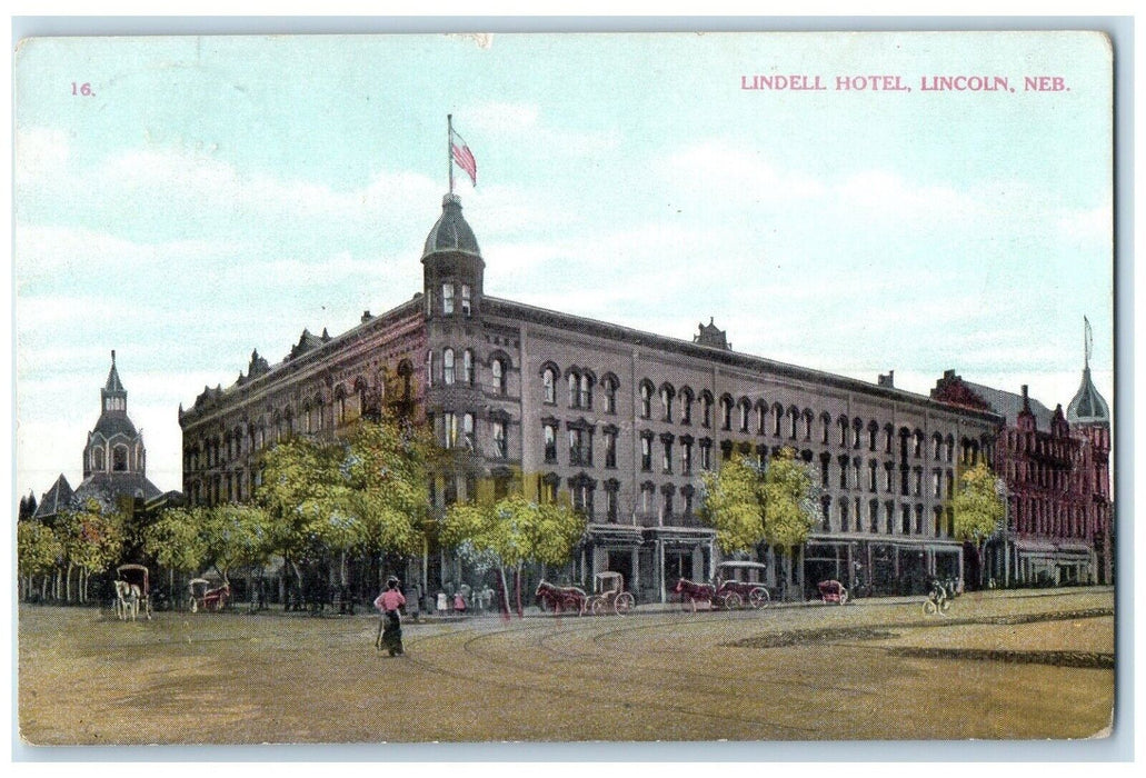 1909 Lindell Hotel Building Horse Carriage Lincoln Nebraska NE Unposted Postcard