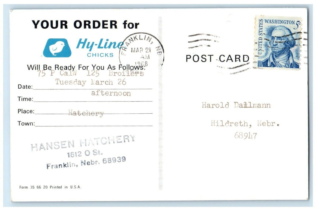 1968 Hansen Hatchery Hy-Line Chicks Advertising Franklin Nebraska NE Postcard