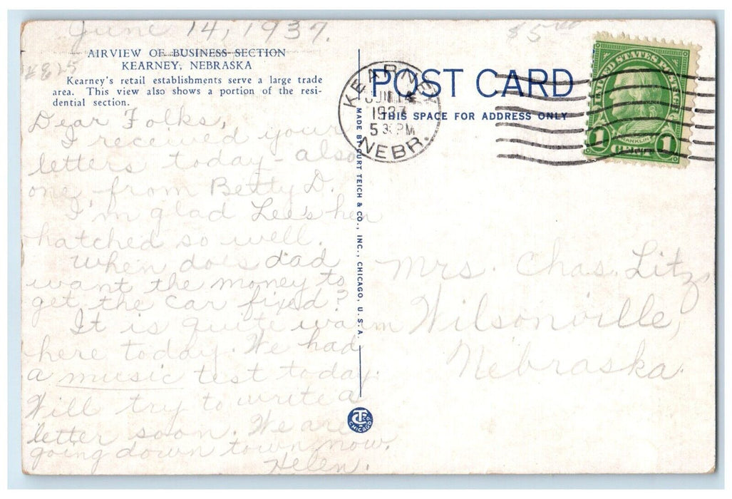 1937 Air View Business Section Kearny Nebraska Posted Antique Vintage Postcard