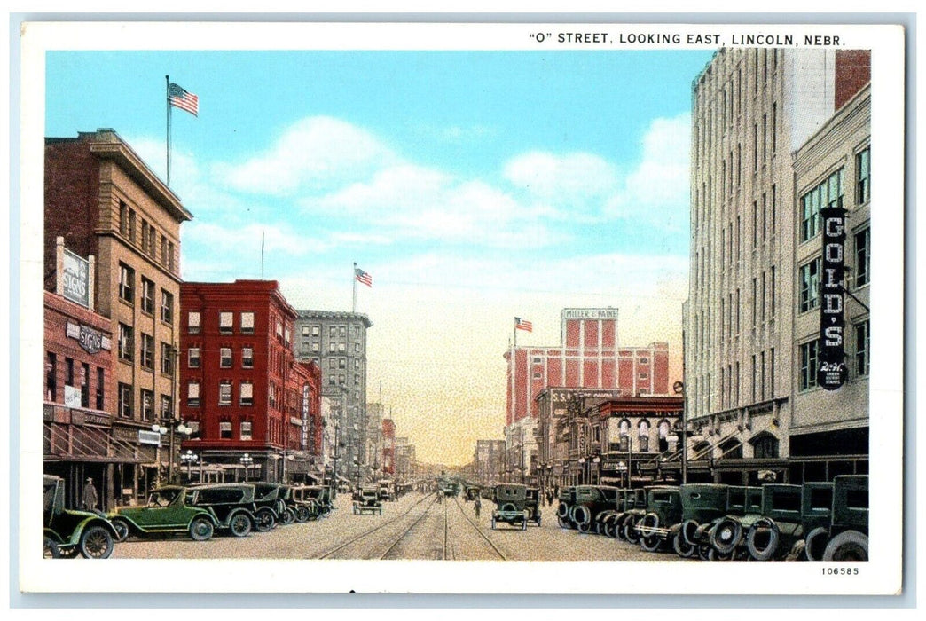 c1920 O Street Looking East Streetcar Classic Cars Lincoln Nebraska NE Postcard