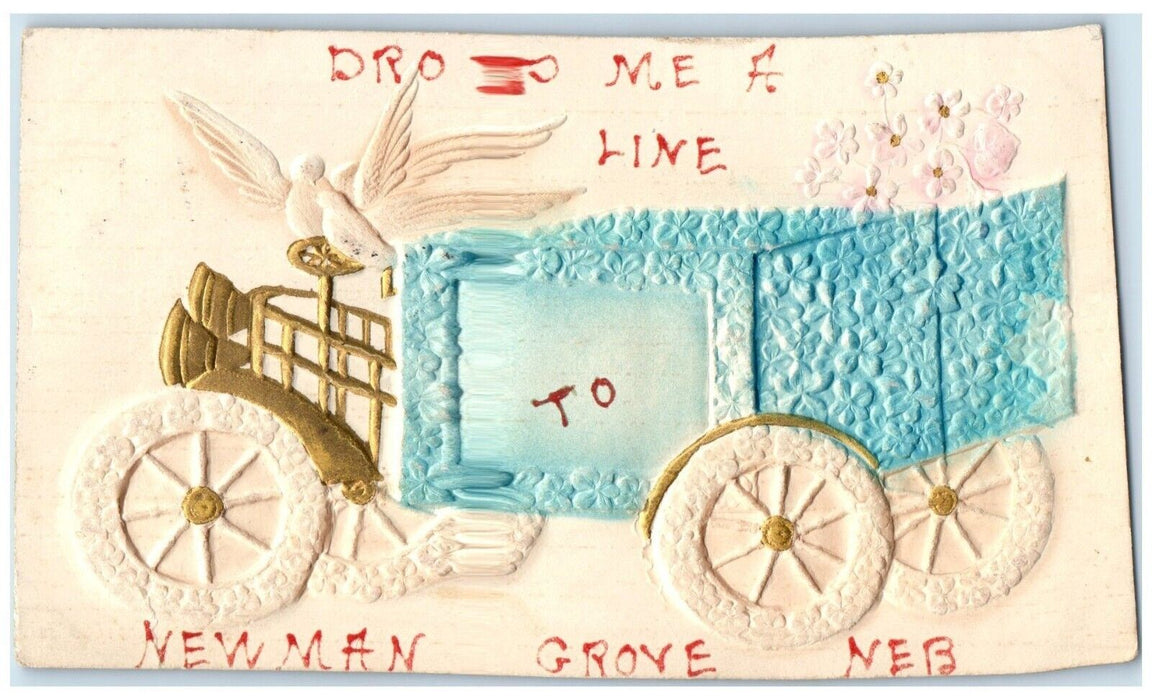 1912 Drop Me A Line To Newman Grove Nebraska NE Embossed Cart Flowers Postcard