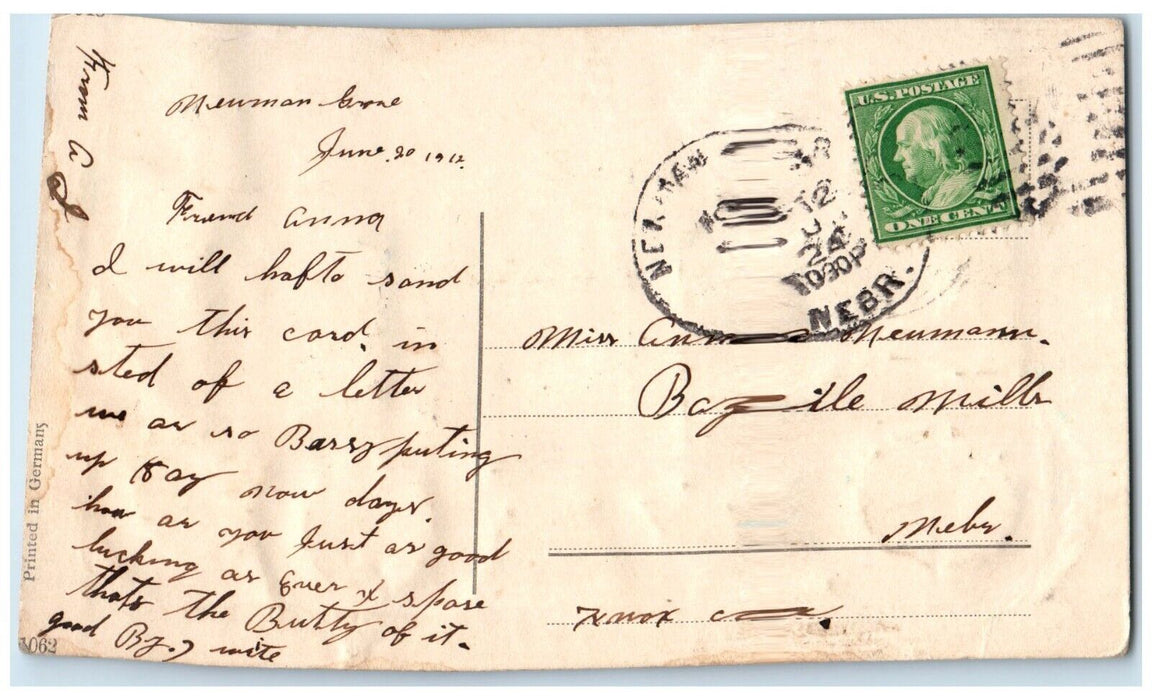 1912 Drop Me A Line To Newman Grove Nebraska NE Embossed Cart Flowers Postcard