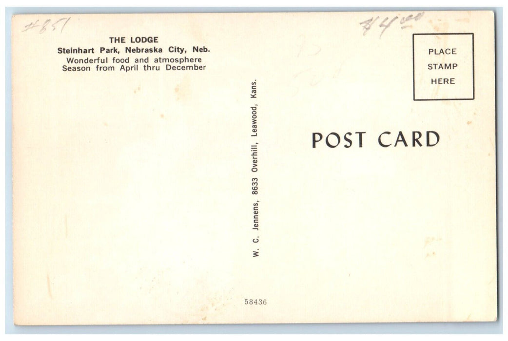c1960 Interior View Lodge Steinhart Park Nebraska City Nebraska Antique Postcard