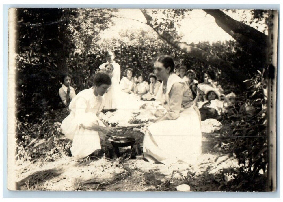 1914 Women Embroider Club Camping Picnic Elbing Kansas KS RPPC Photo Postcard