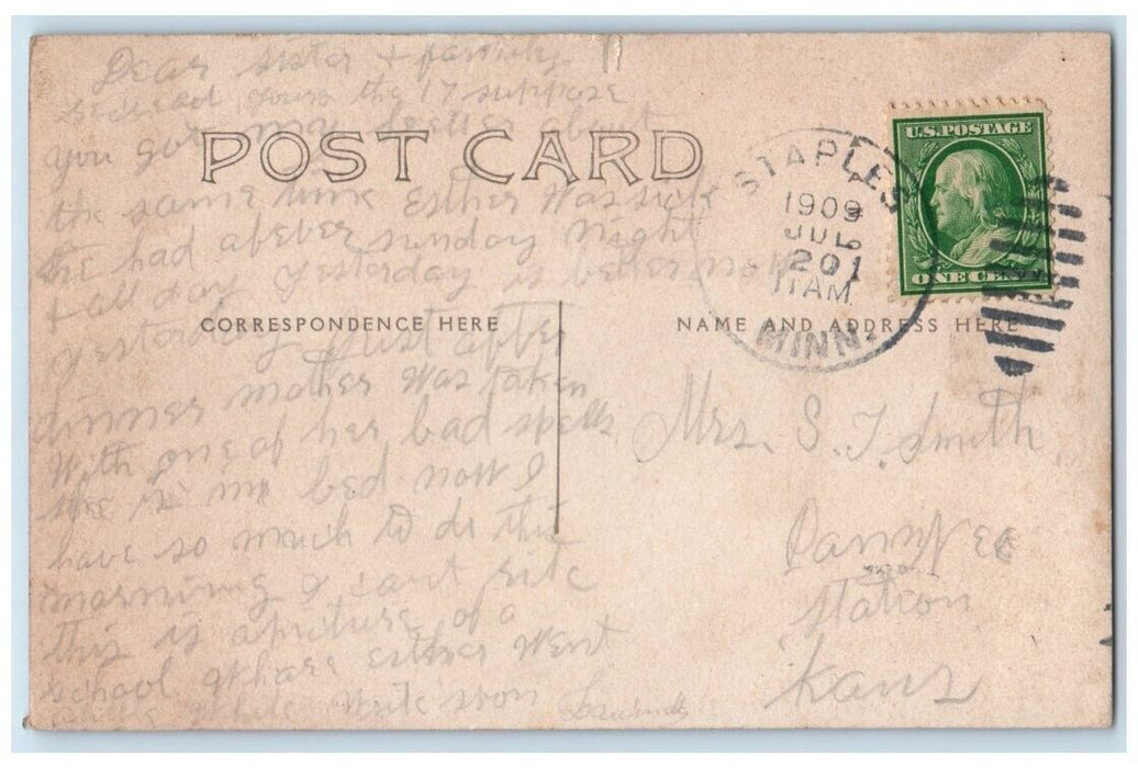 1909 Boys Girls Students School Teacher Group Staples MN RPPC Photo Postcard