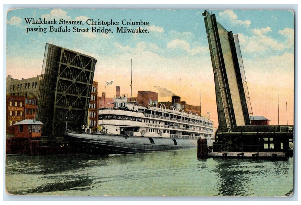 c1910 Whaleback Steamer Christopher Columbus Buffalo Bridge Milwaukee Postcard
