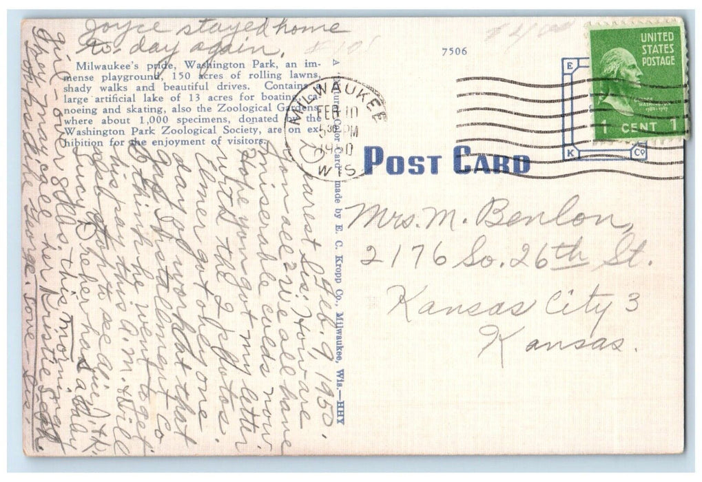 1950 Pavilion Lake Washington Park Canoe Boat River Milwaukee Wisconsin Postcard