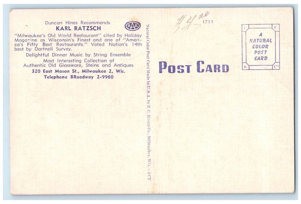 c1940 Karl Ratzsch Milwaukee World Restaurant Bar Milwaukee Wisconsin Psotcard