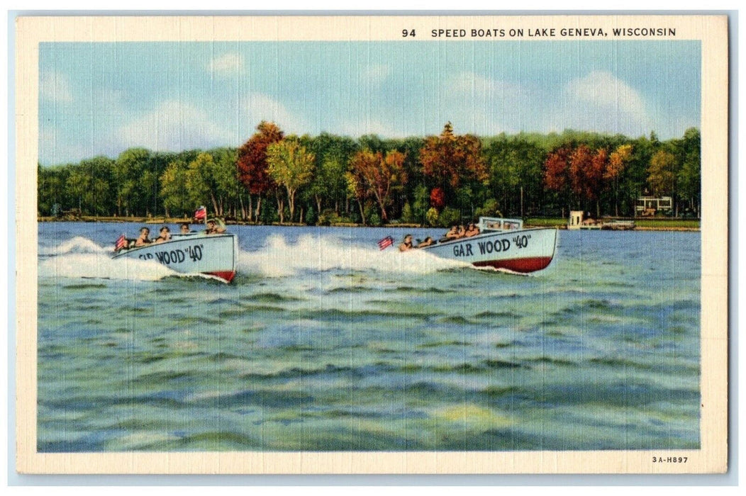 1942 Speed Boat Gar Wood River Lake Geneva Wisconsin WI Vintage Antique Postcard