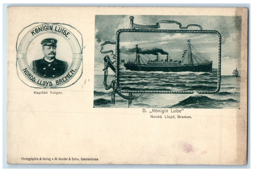 c1905 Steamer Kapitan Volger Konigin Luise Nordd Lloyd Bremen Germany Postcard