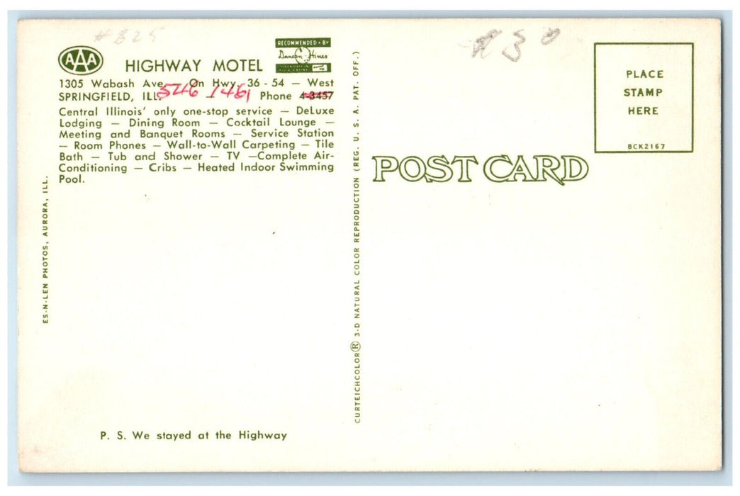 c1960 Highway Motel Wabash Avenue Multiview West Springfield Illinois Postcard