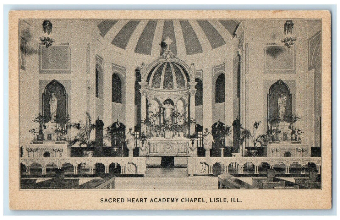 c1940 Sacred Heart Academy Chapel Church Altar Interior Lisle Illinois Postcard