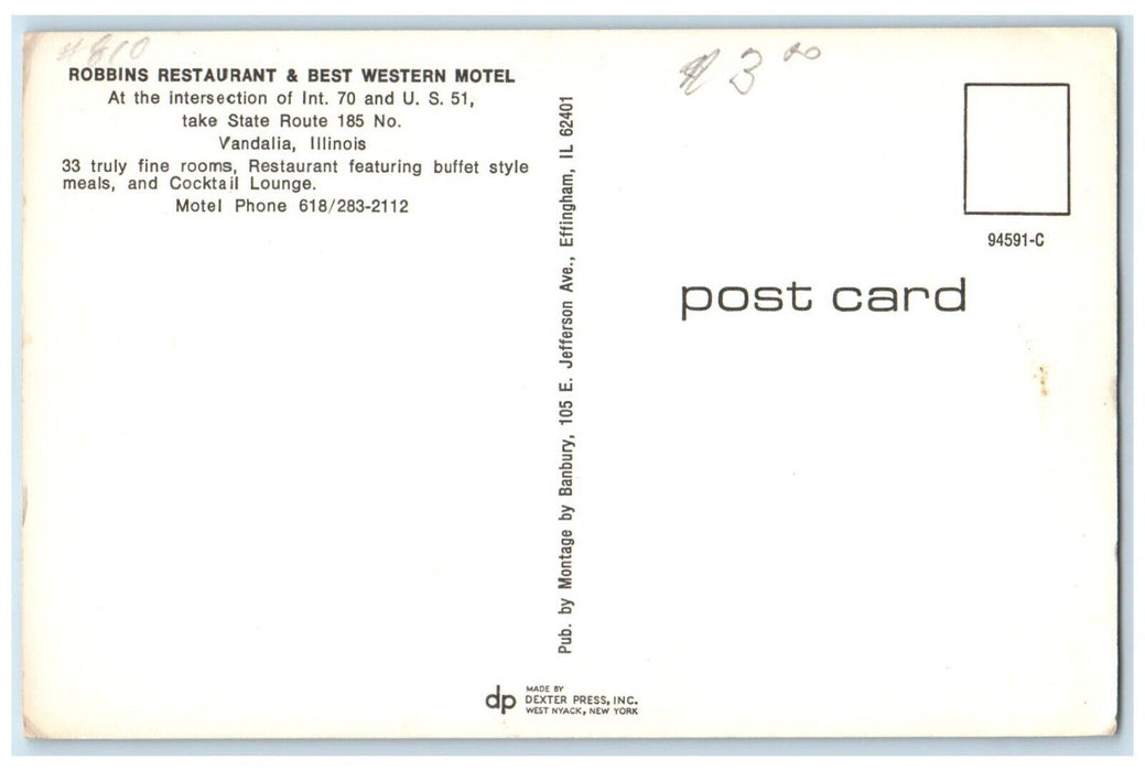 c1960 Robbins Restaurant Best Western Motel Exterior Vandalia Illinois Postcard