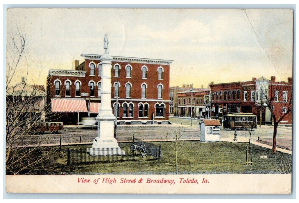 1907 View High Street Broadway Streetcar Toledo Iowa IA Vintage Antique Postcard