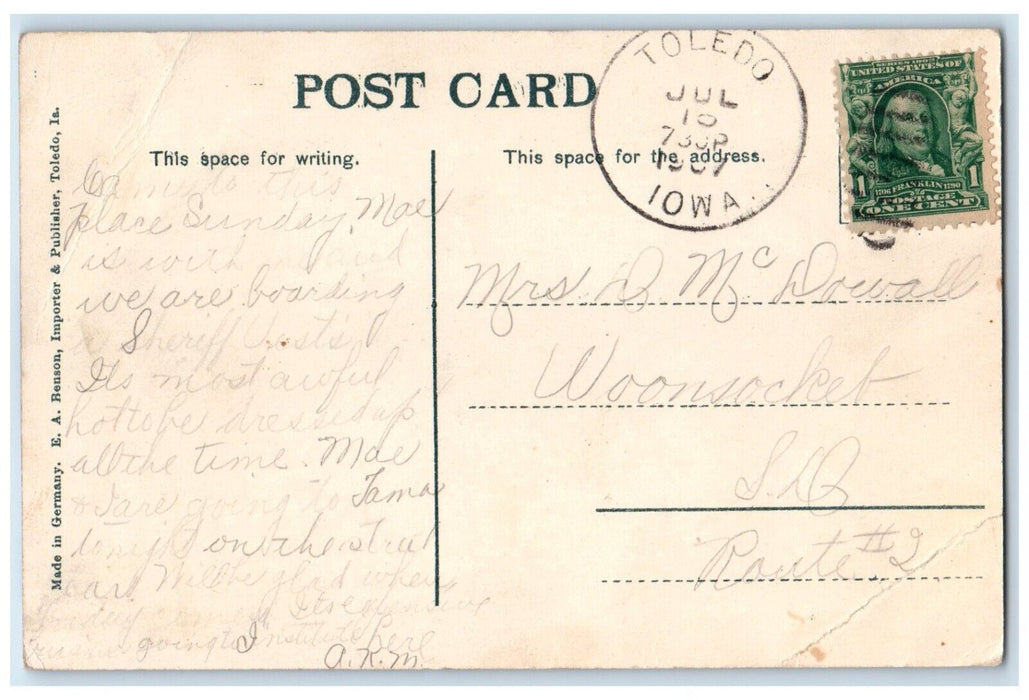 1907 View High Street Broadway Streetcar Toledo Iowa IA Vintage Antique Postcard