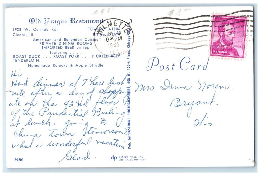 1963 Old Prague Restaurant Cermak Rd Townhall Exterior Cicero Illinois Postcard