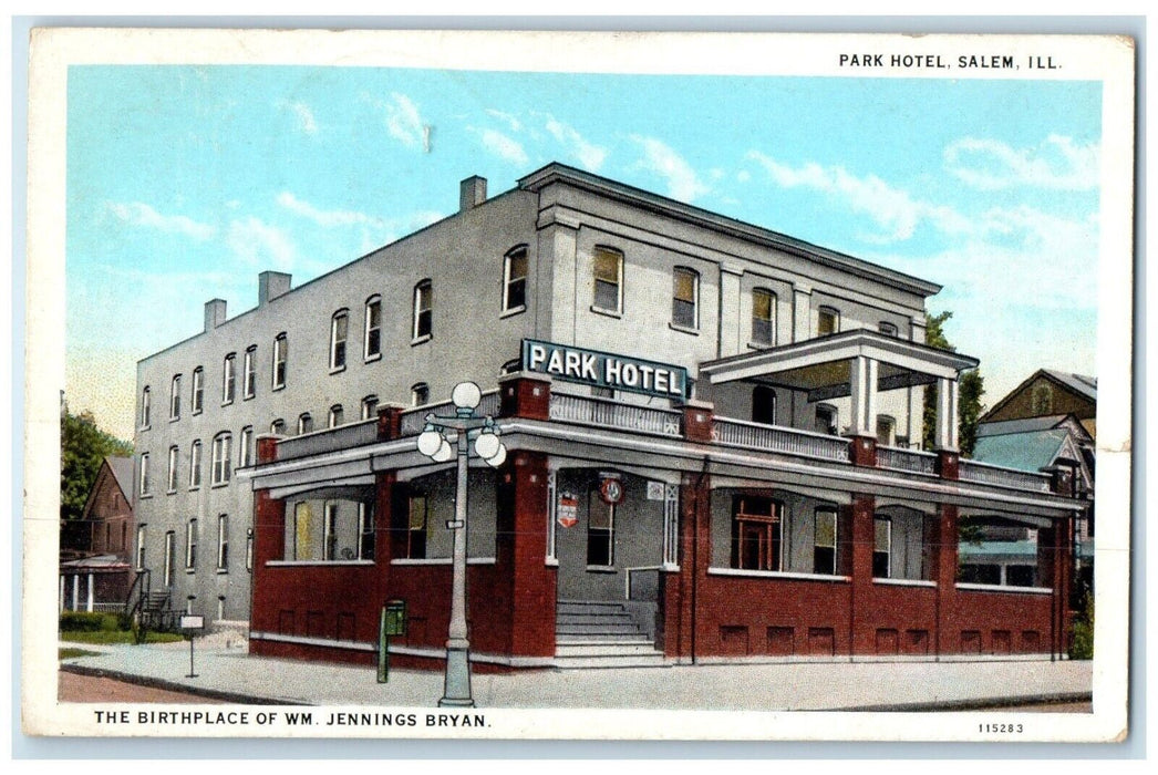 1930 Birthplace WM Jennings Bryan Park Hotel Exterior Salem Illinois IL Postcard