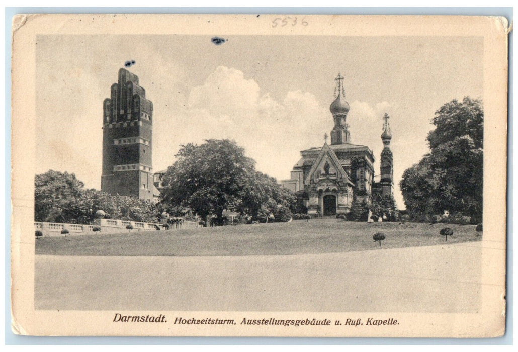 1913 Darmstadt Wedding Tower Exhibition Building Chapel Germany Postcard