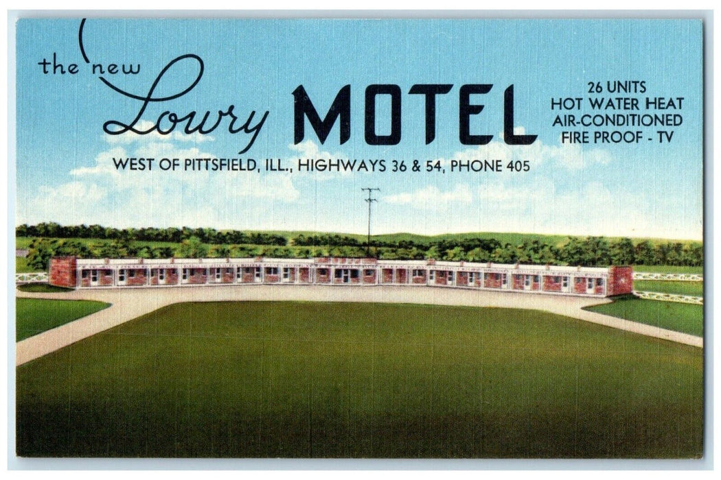c1940 Lowry Motel West Highways Exterior Building Pittsfield Illinois Postcard