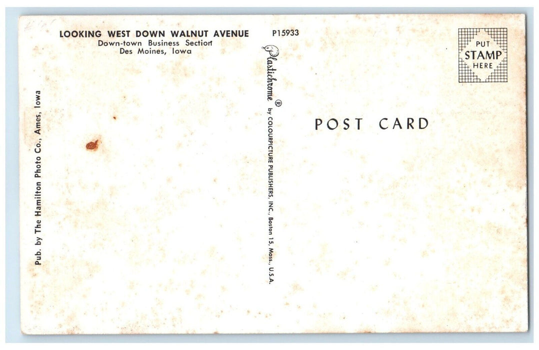 c1960 Looking West Down Walnut Avenue Buildings Des Moines Iowa Vintage Postcard