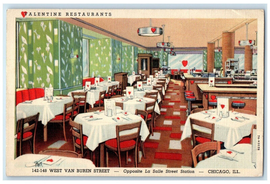 c1940 Interior View Valentine's Restaurant Chicago Illinois IL Vintage Postcard