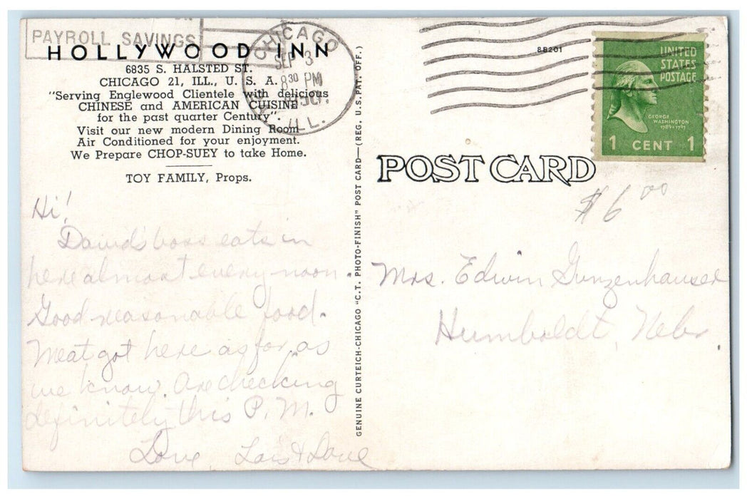 1950 Interior View Hollywood Inn Restaurant Chicago Illinois IL Antique Postcard