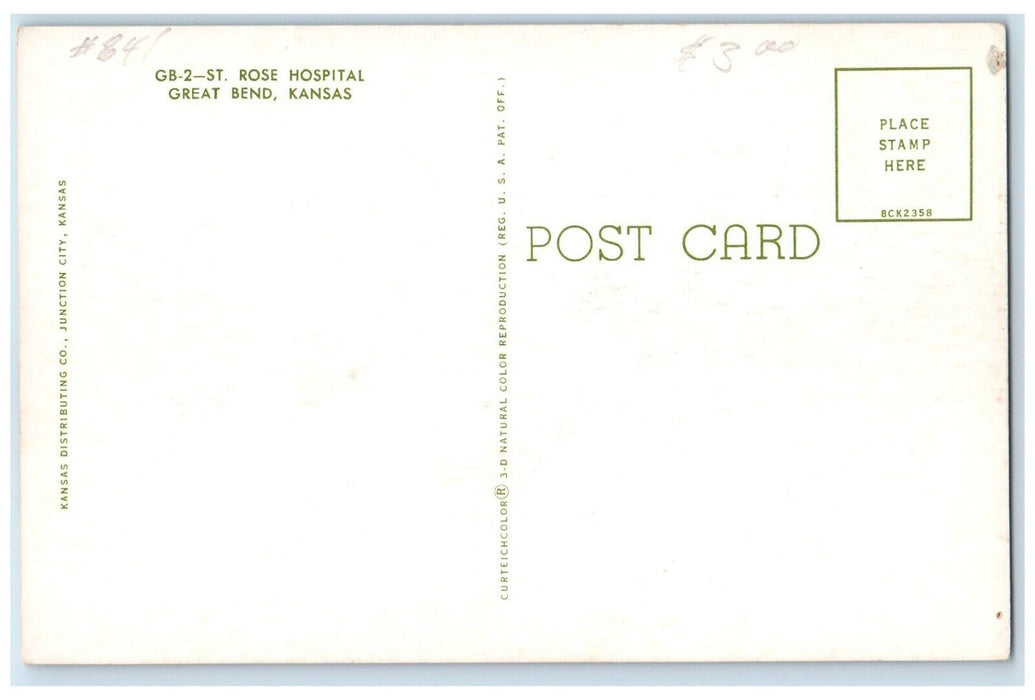 c1950's Front View Of Rose Hospital Building Great Bend Kansas KS Postcard