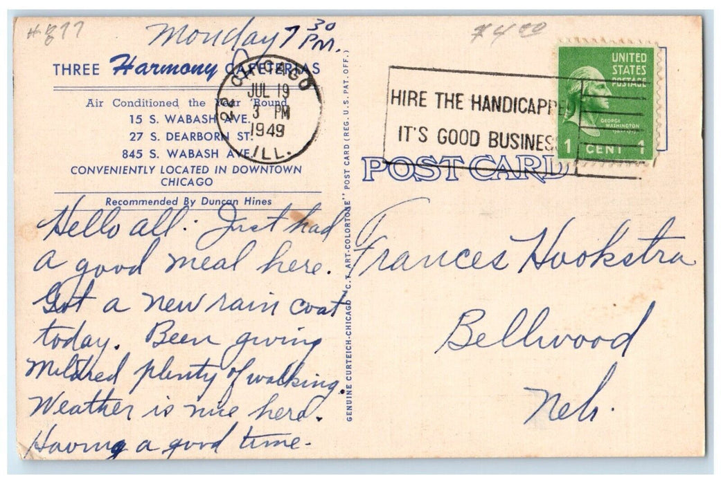 1949 Pine Palm Dining Room Harmony Cafeteria Chicago Illinois IA Posted Postcard