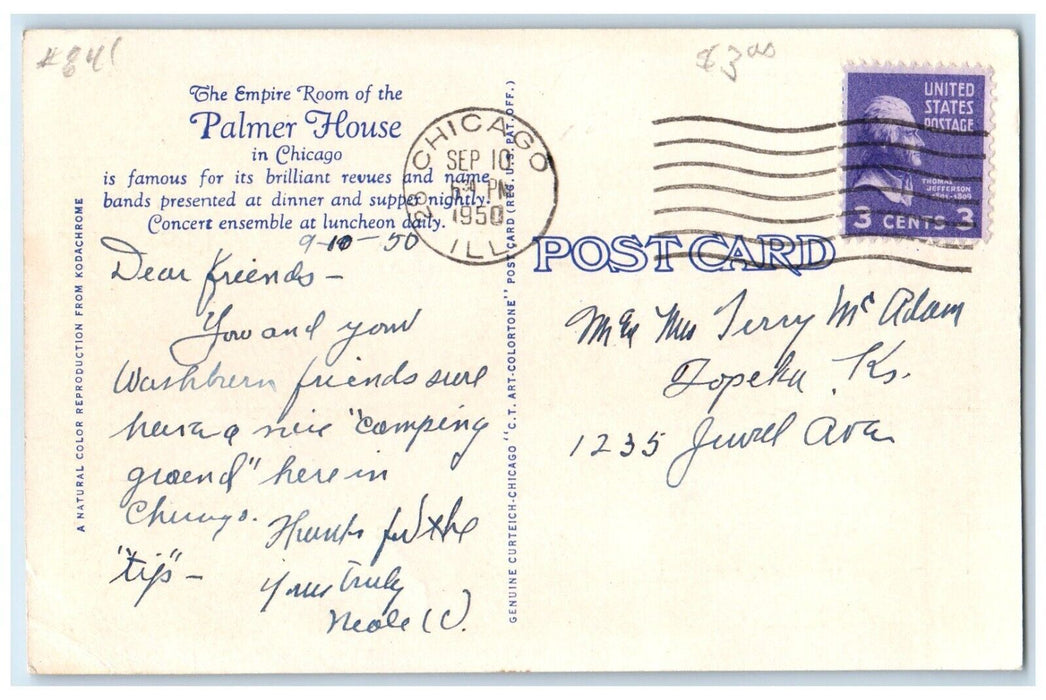 c1950 Interior View Empire Room Palmer House Chicago Illinois IL Posted Postcard