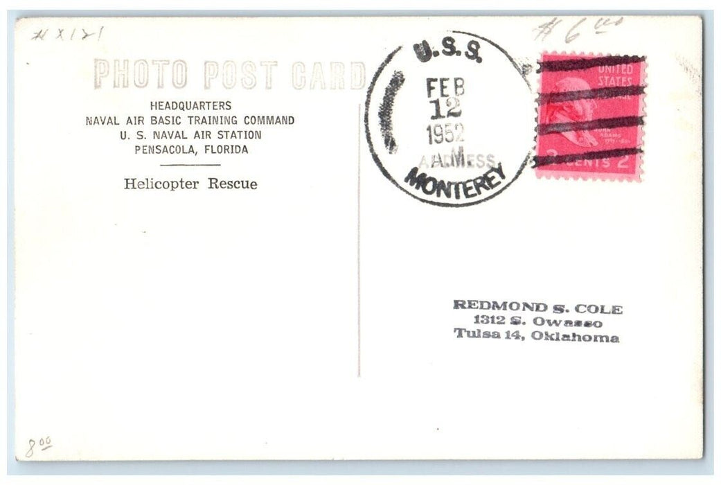 1952 Helicopter Rescue Sent From USS Monterey Pensacola FL RPPC Photo Postcard