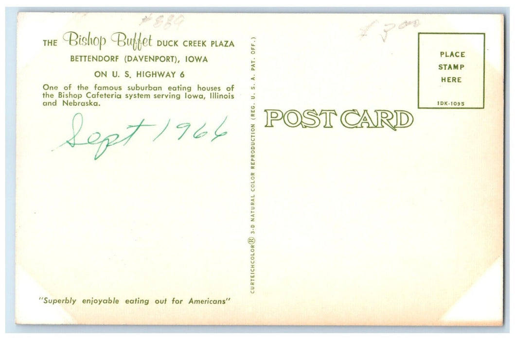c1966 Bishop Buffet Duck Creek Plaza Multi-View Davenport Iowa Unposted Postcard