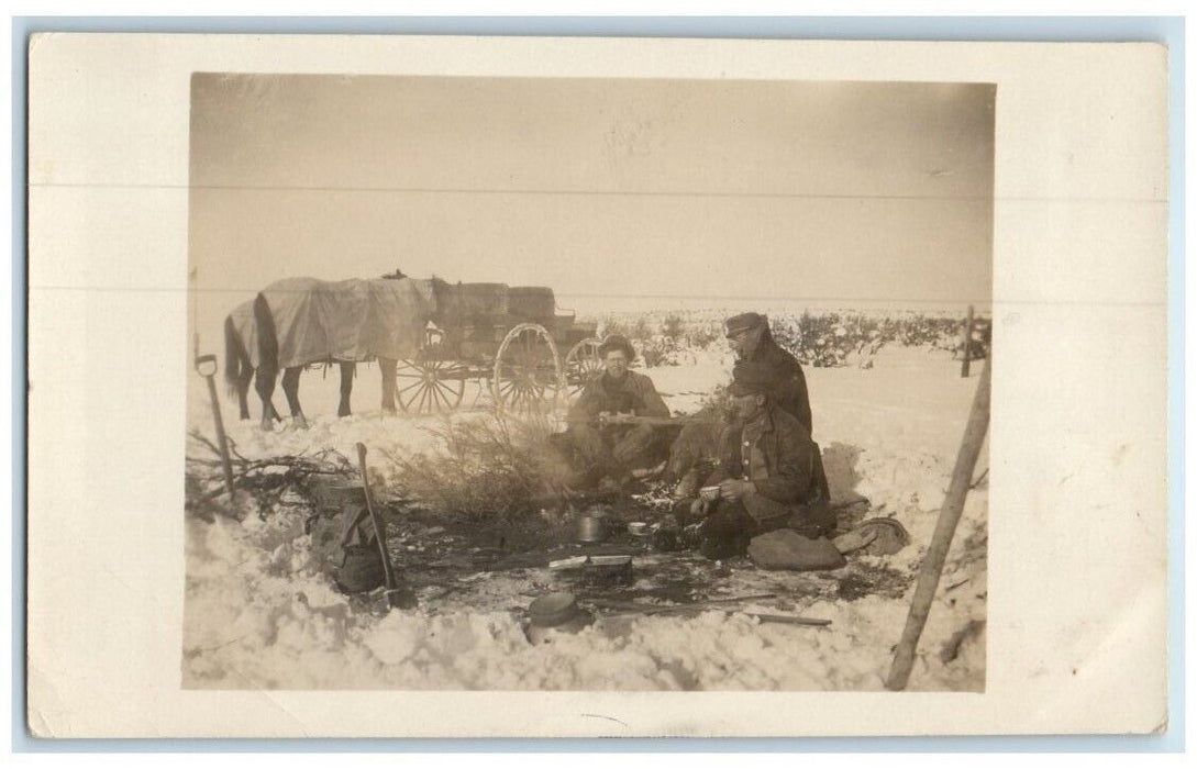 1911 Campfire Cooking Men Horse Wagon Axe Gooding Idaho ID RPPC Photo Postcard
