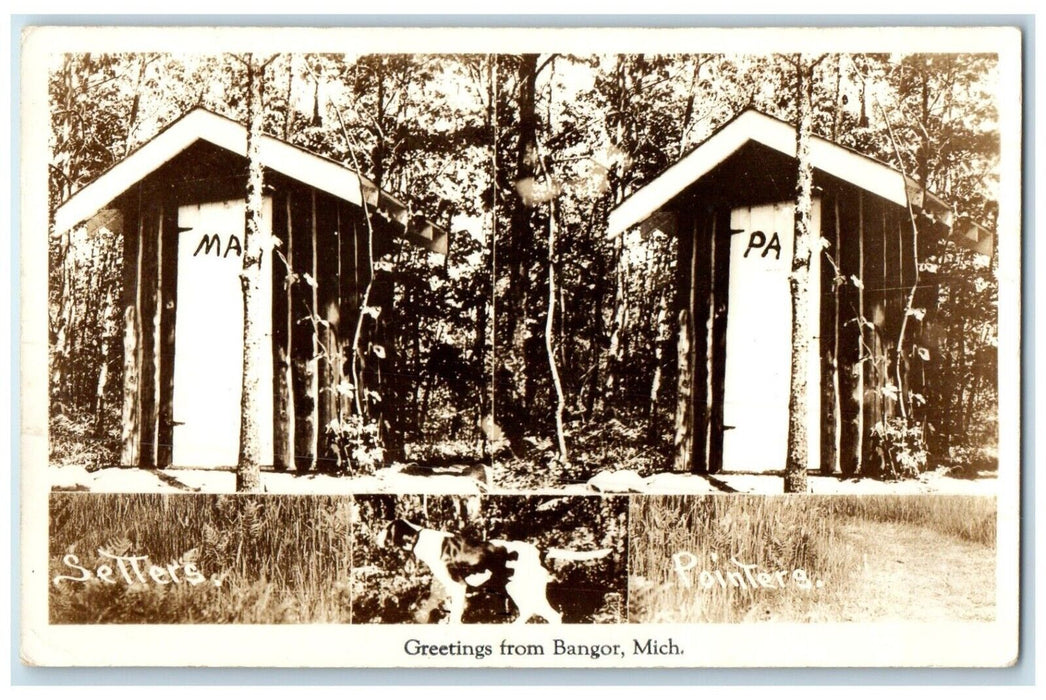 Greetings From Bangor Michigan MI, Outhouse Setters Pointers RPPC Photo Postcard