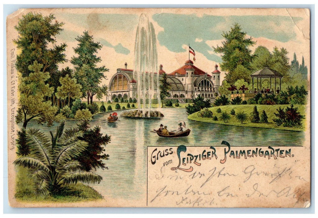 1901 Boat Canoeing Greetings from Leipziger Palmengarten Germany Postcard