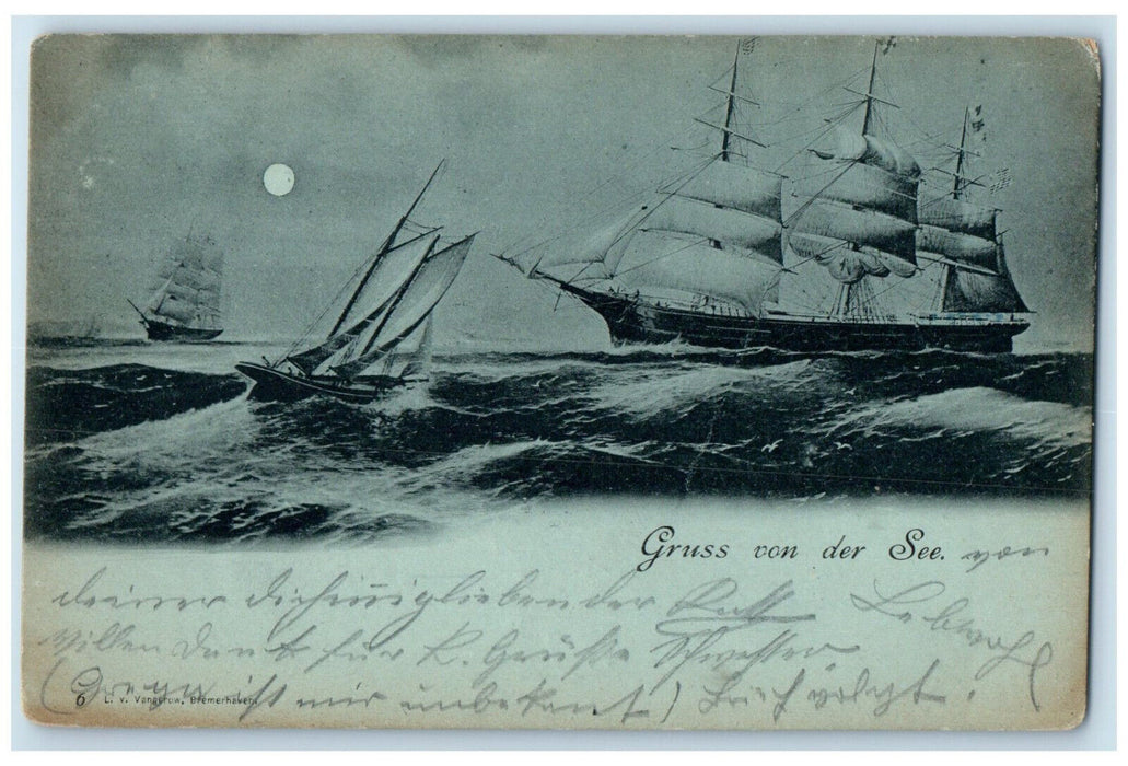 1901 Moonlight Schooner Boat Sea Waves Greetings from Sea Germany Postcard