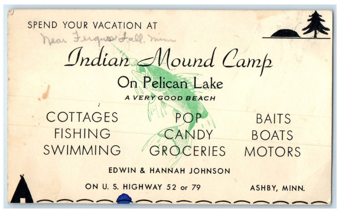 c1950's Indian Mound Camp Ashby Minnesota MN Antique Advertising Postcard