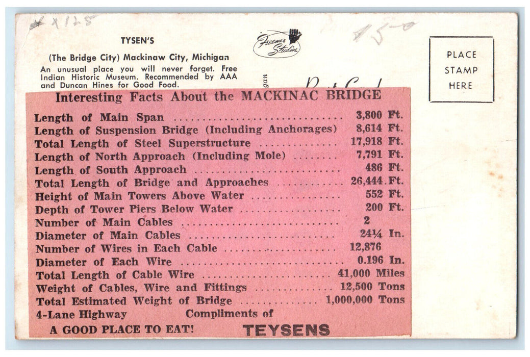 c1960's Boat Gun Tysen's (The Bridge City) Mackinaw City Michigan MI Postcard